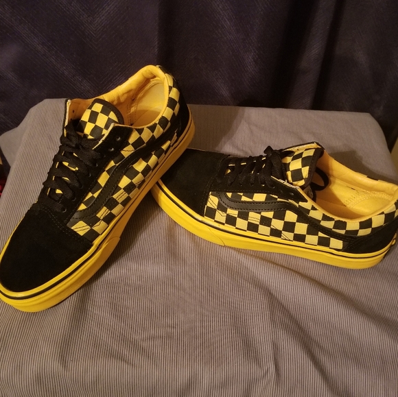 black and yellow vans checkerboard